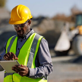 Portrait of male engineer with hardhat using digital tablet while working at construction site